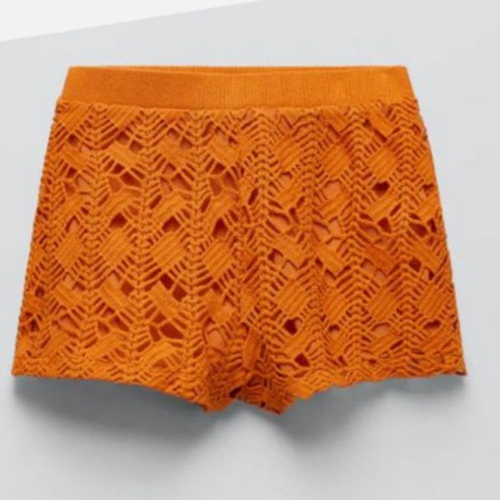 NWT Zara Dark Orange High Waist Crochet Shorts